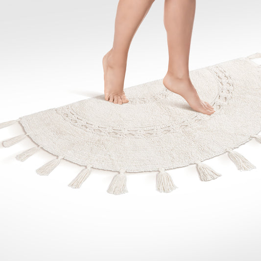 Boho Half Circle Cotton Bath Mat with Tassels