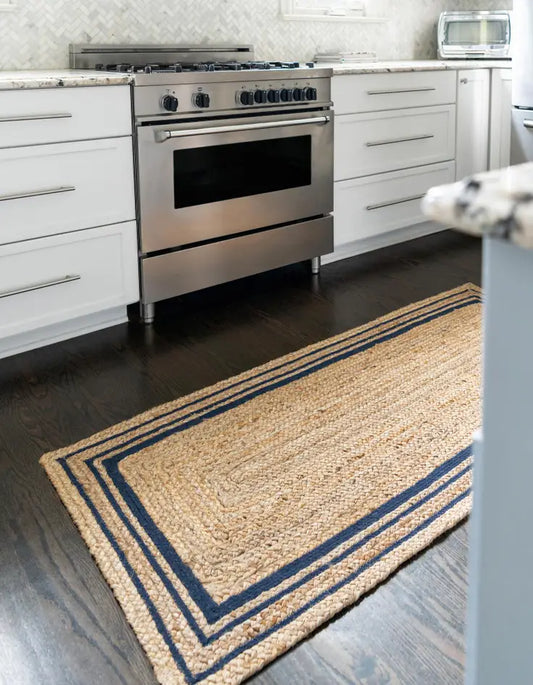 Natural Handwoven Jute Runner with Navy Blue Border