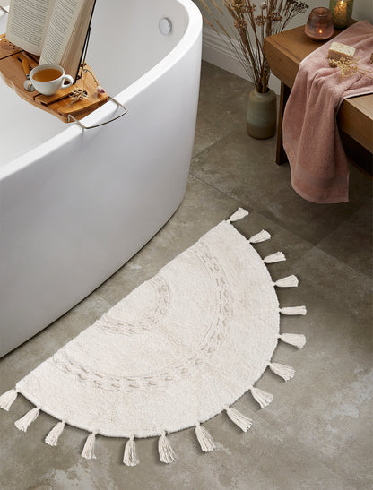 Boho Half Circle Cotton Bath Mat with Tassels