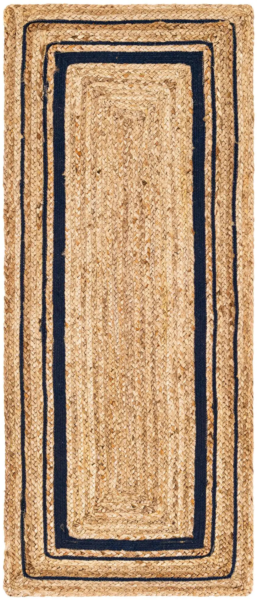 Natural Handwoven Jute Runner with Navy Blue Border