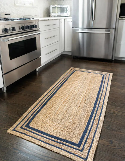 Natural Handwoven Jute Runner with Navy Blue Border