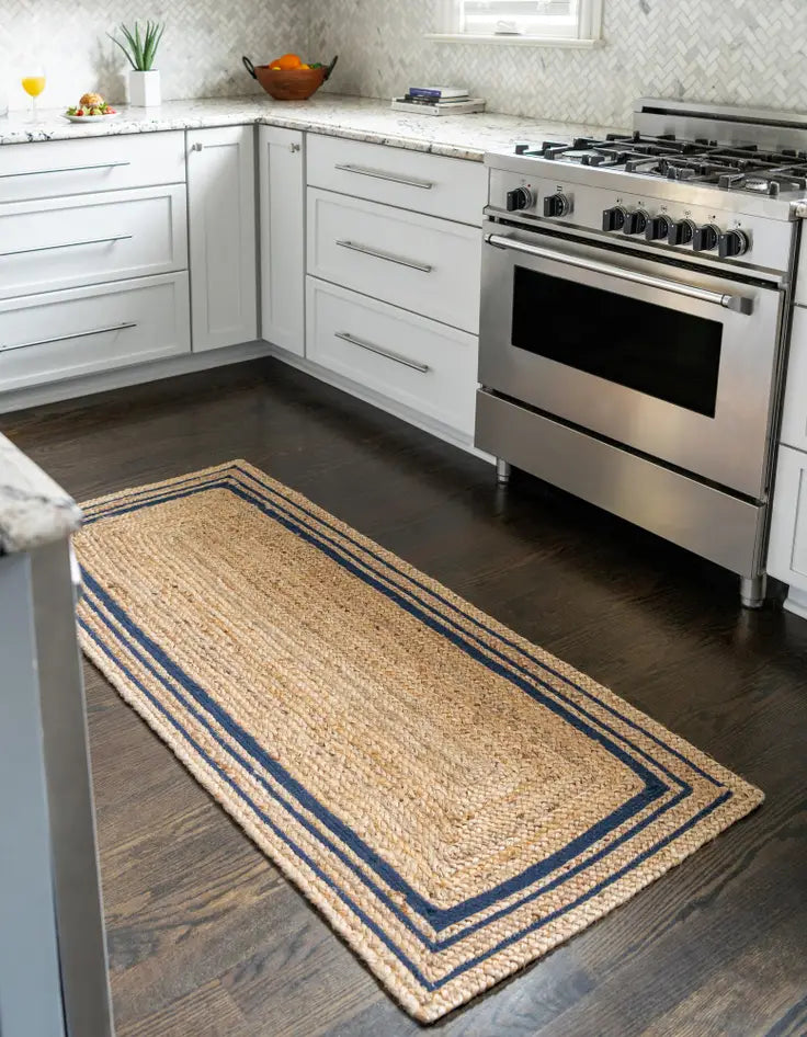 Natural Handwoven Jute Runner with Navy Blue Border