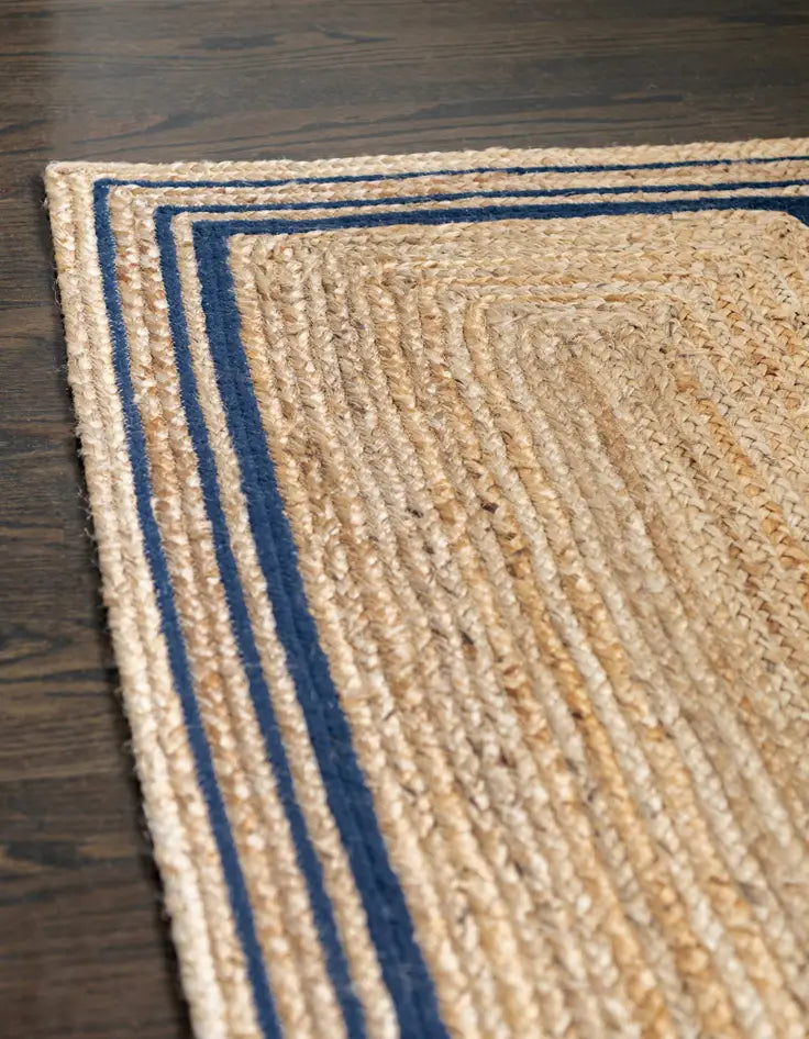 Natural Handwoven Jute Runner with Navy Blue Border