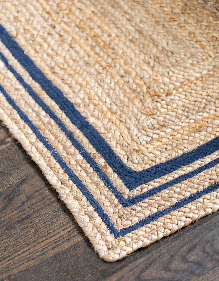 Natural Handwoven Jute Runner with Navy Blue Border